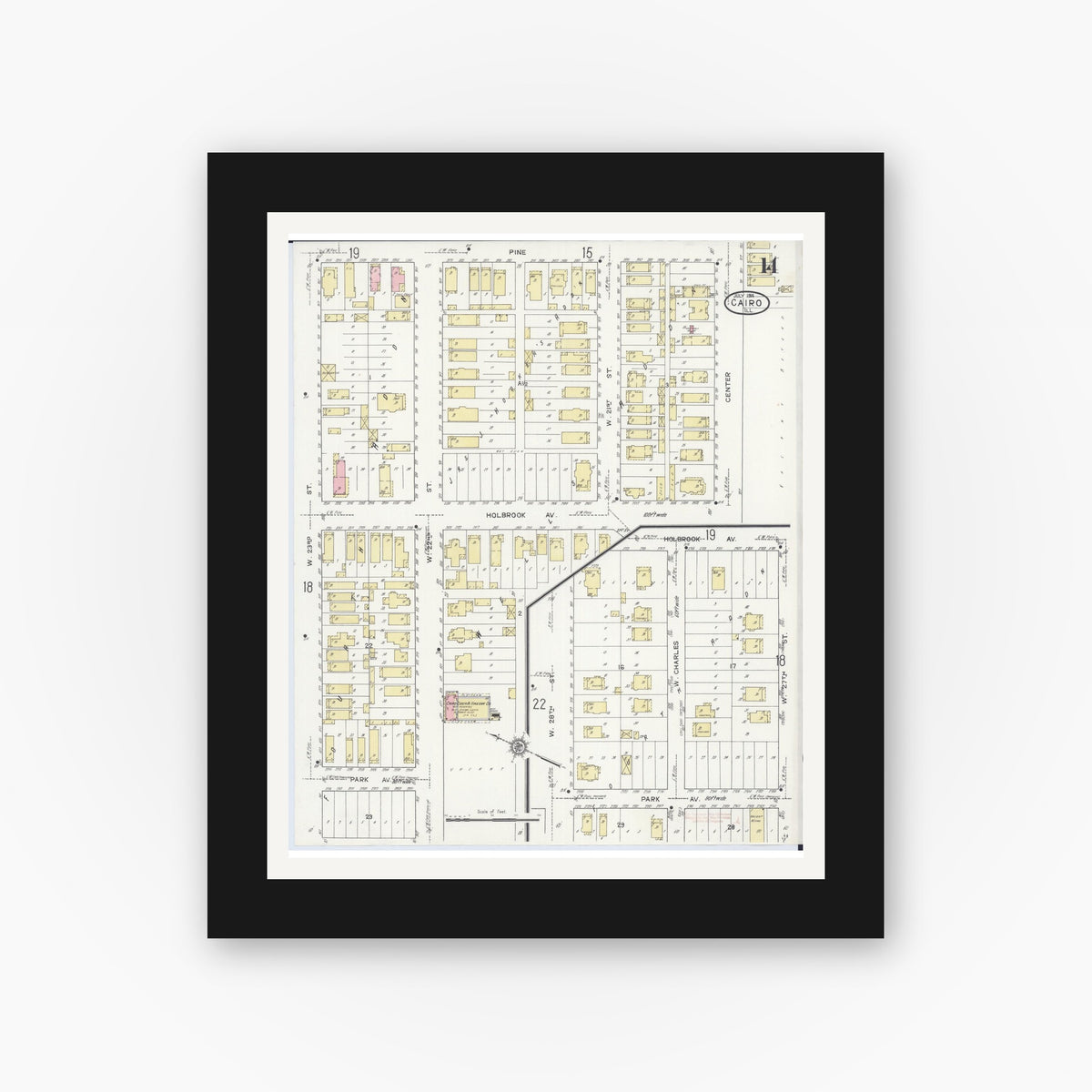 Old map wall art mockup — black gallery frame with white mat — Sanborn Fire Insurance Map from Cairo, Alexander County, Illinois (1914), Sheet #0014