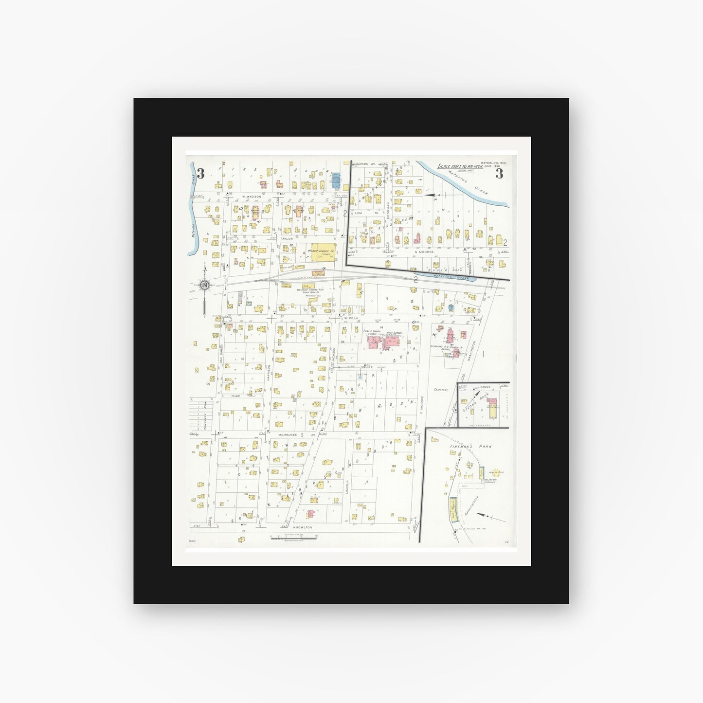 Old map wall art mockup — black gallery frame with white mat — Sanborn Fire Insurance Map from Waterloo, Jefferson County, Wisconsin (1936), Sheet #0003