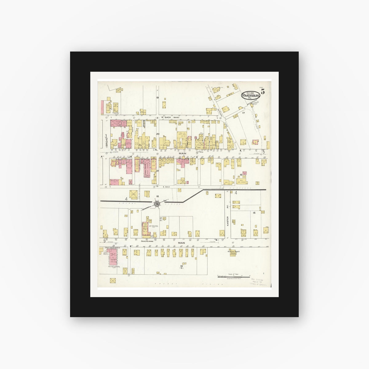 Old map wall art mockup — black gallery frame with white mat — Sanborn Fire Insurance Map from Rimersburg, Clarion County, Pennsylvania (1921), Sheet #0005