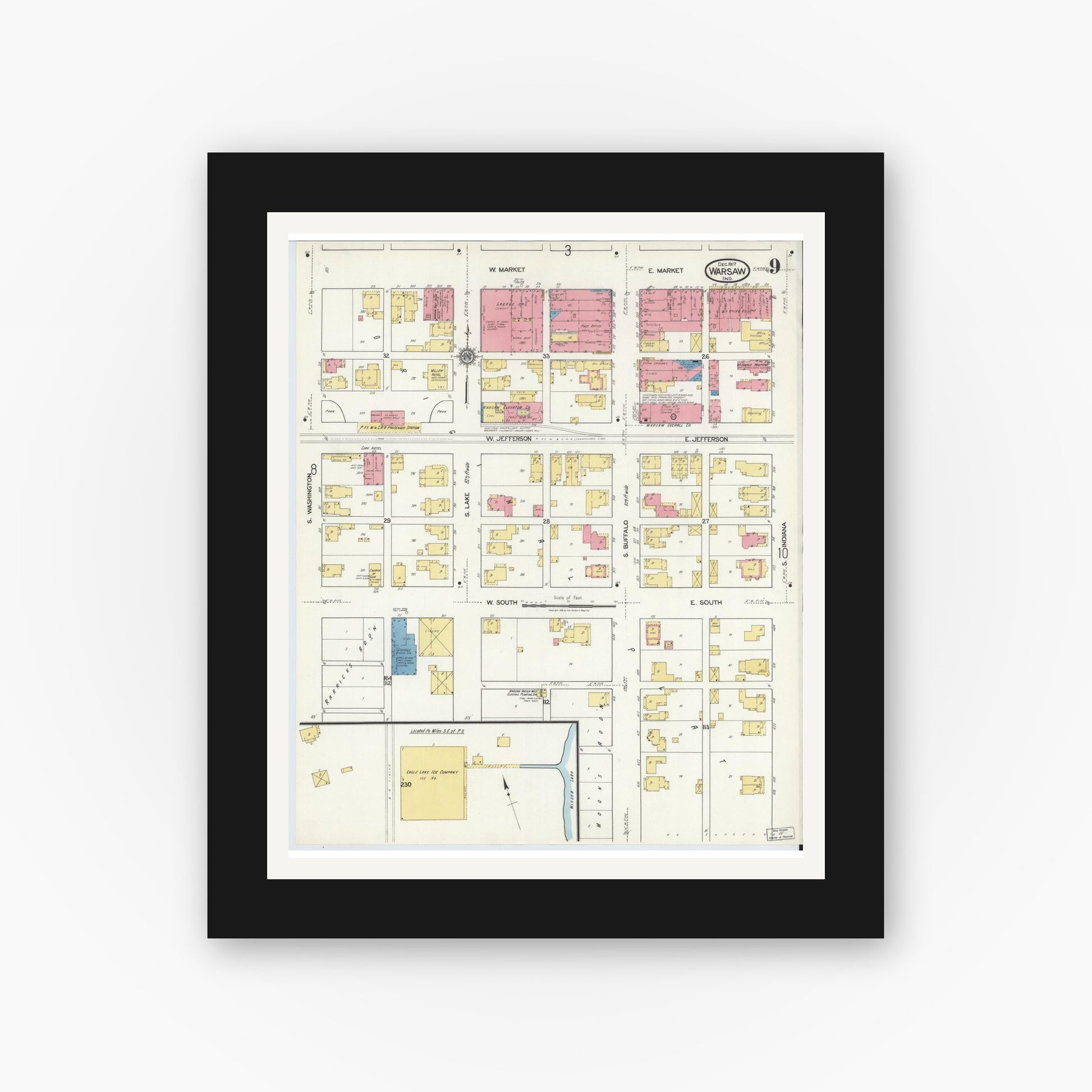 Old map wall art mockup — black gallery frame with white mat — Sanborn Fire Insurance Map from Warsaw, Kosciusko County, Indiana (1917), Sheet #0009