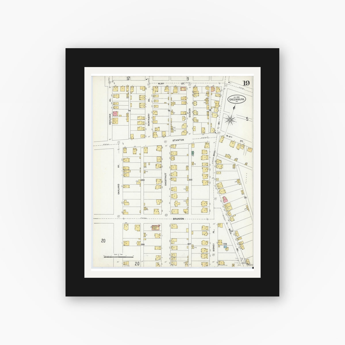 Old map wall art mockup — black gallery frame with white mat — Sanborn Fire Insurance Map from Greensburg, Westmoreland County, Pennsylvania (1903), Sheet #0019