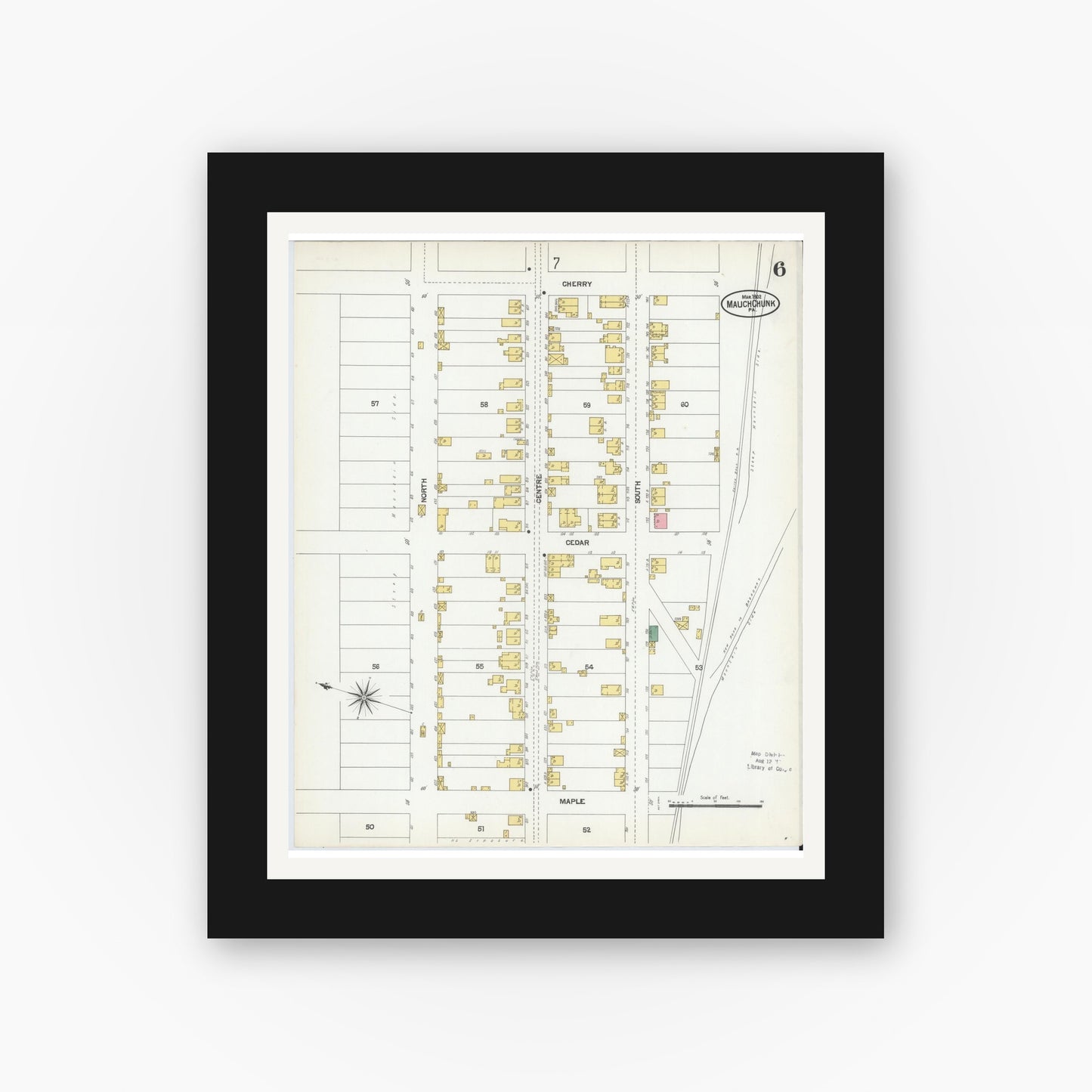 Old map wall art mockup — black gallery frame with white mat — Sanborn Fire Insurance Map from Mauch Chunk, Carbon County, Pennsylvania (1902), Sheet #0006