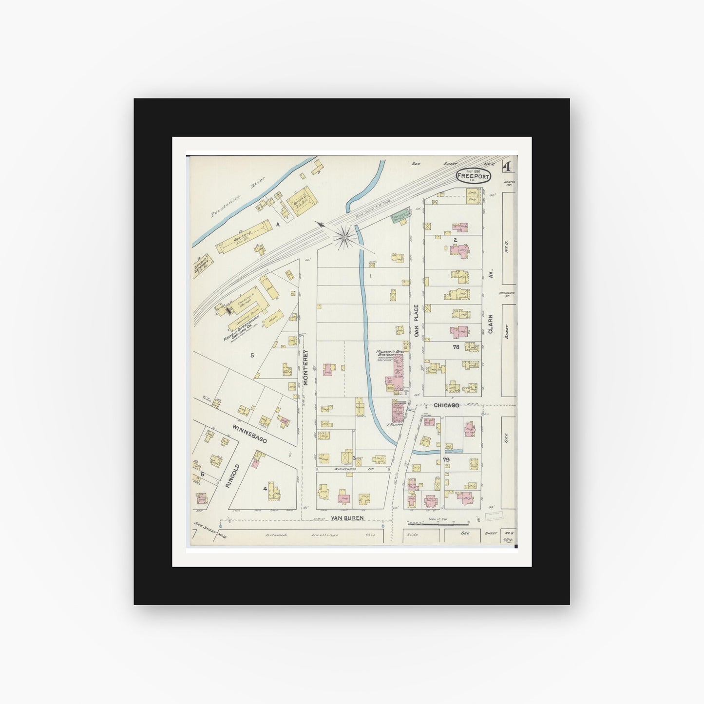 Old map wall art mockup — black gallery frame with white mat — Sanborn Fire Insurance Map from Freeport, Stephenson County, Illinois (1890), Sheet #0004