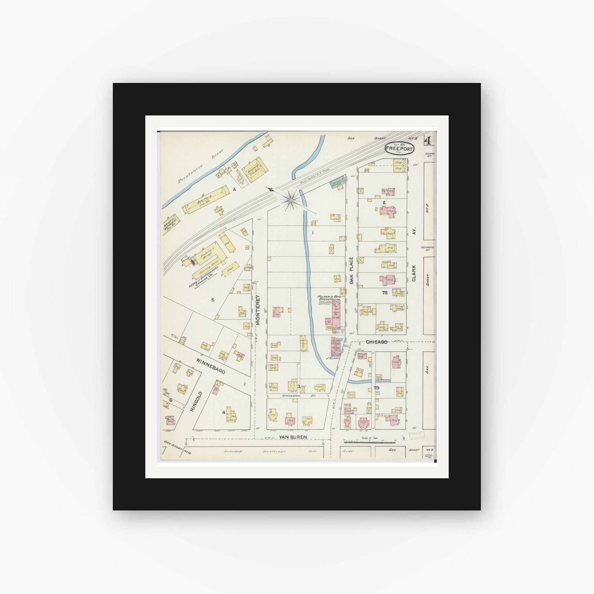Old map wall art mockup — black gallery frame with white mat — Sanborn Fire Insurance Map from Freeport, Stephenson County, Illinois (1890), Sheet #0004