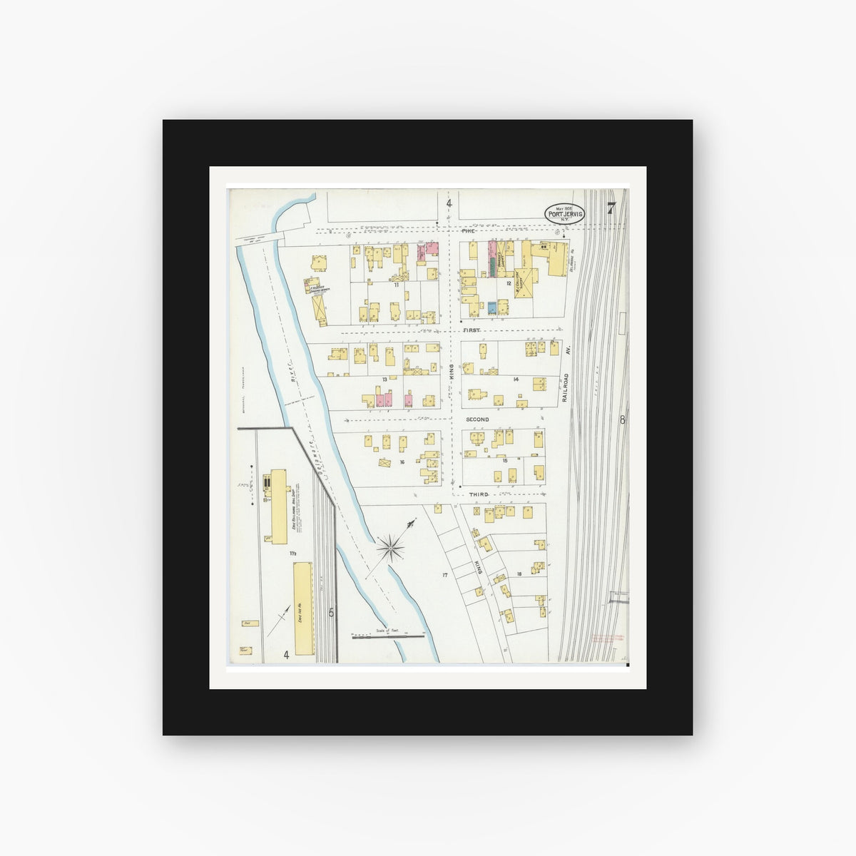 Old map wall art mockup — black gallery frame with white mat — Sanborn Fire Insurance Map from Port Jervis, Orange County, New York (1905), Sheet #0007