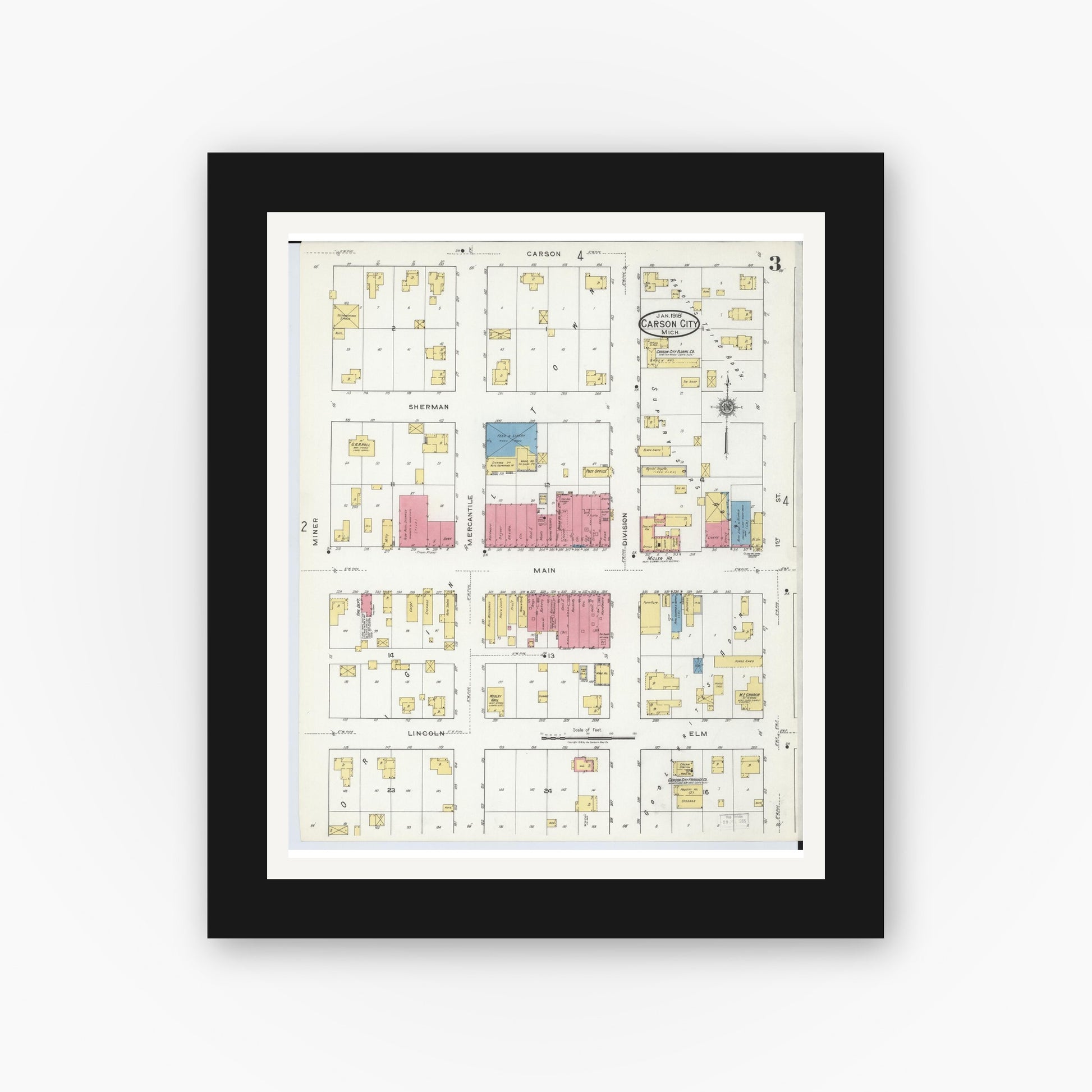 Old map wall art mockup — black gallery frame with white mat — Sanborn Fire Insurance Map from Carson City, Montcalm County, Michigan (1918), Sheet #0003