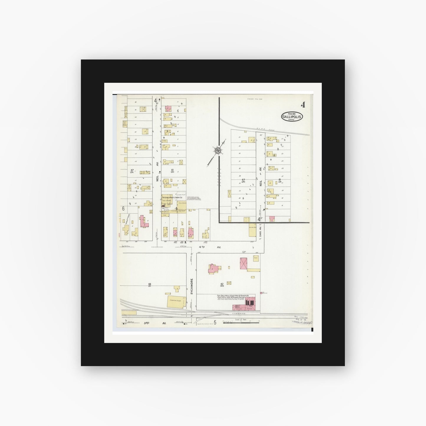Old map wall art mockup — black gallery frame with white mat — Sanborn Fire Insurance Map from Gallipolis, Gallia County, Ohio (1916), Sheet #0004