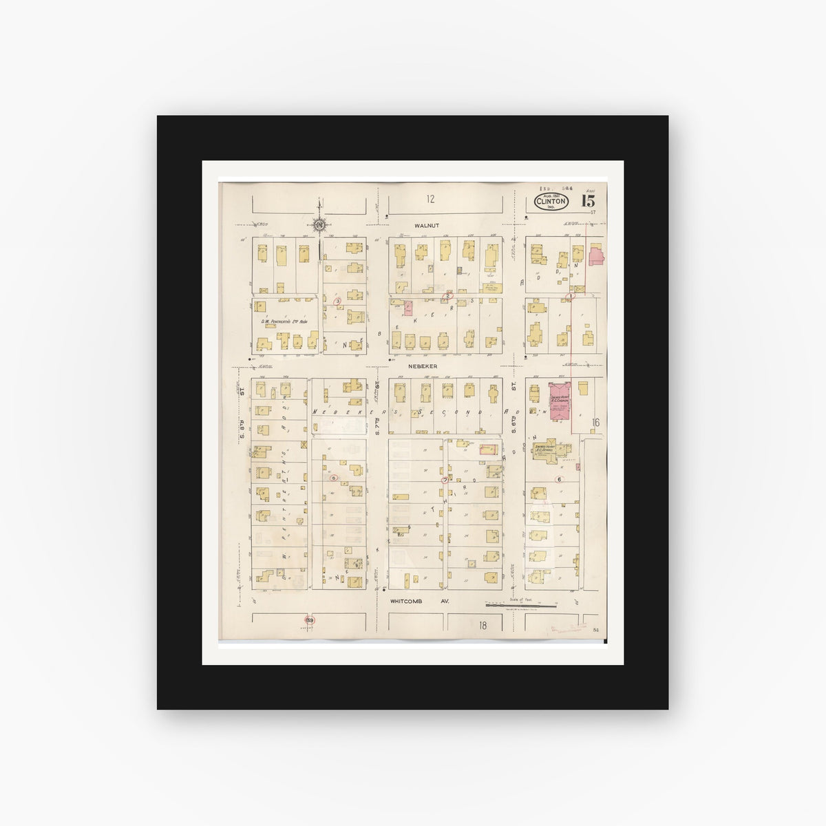 Old map wall art mockup — black gallery frame with white mat — Sanborn Fire Insurance Map from Clinton, Vermillion County, Indiana (1947), Sheet #0015