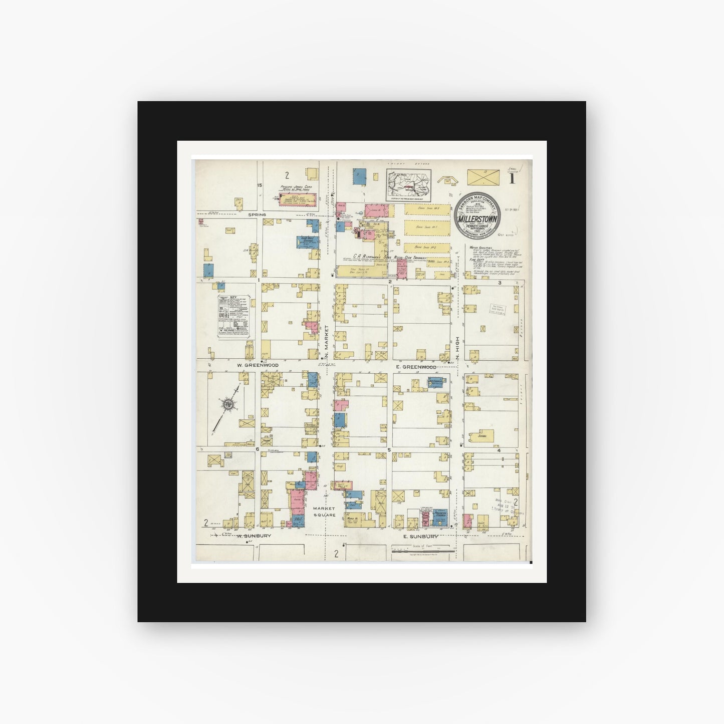Old map wall art mockup — black gallery frame with white mat — Sanborn Fire Insurance Map from Millerstown, Perry County, Pennsylvania (1921), Sheet #0001