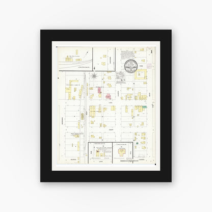 Old map wall art mockup — black gallery frame with white mat — Sanborn Fire Insurance Map from Spirit Lake, Dickinson County, Iowa (1907), Sheet #0001
