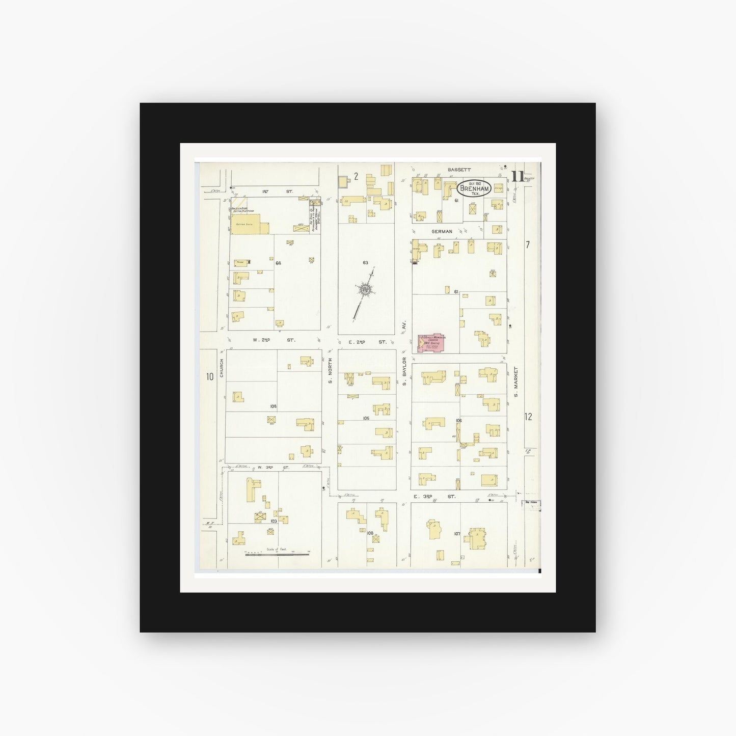 Old map wall art mockup — black gallery frame with white mat — Sanborn Fire Insurance Map from Brenham, Washington County, Texas (1912), Sheet #0011