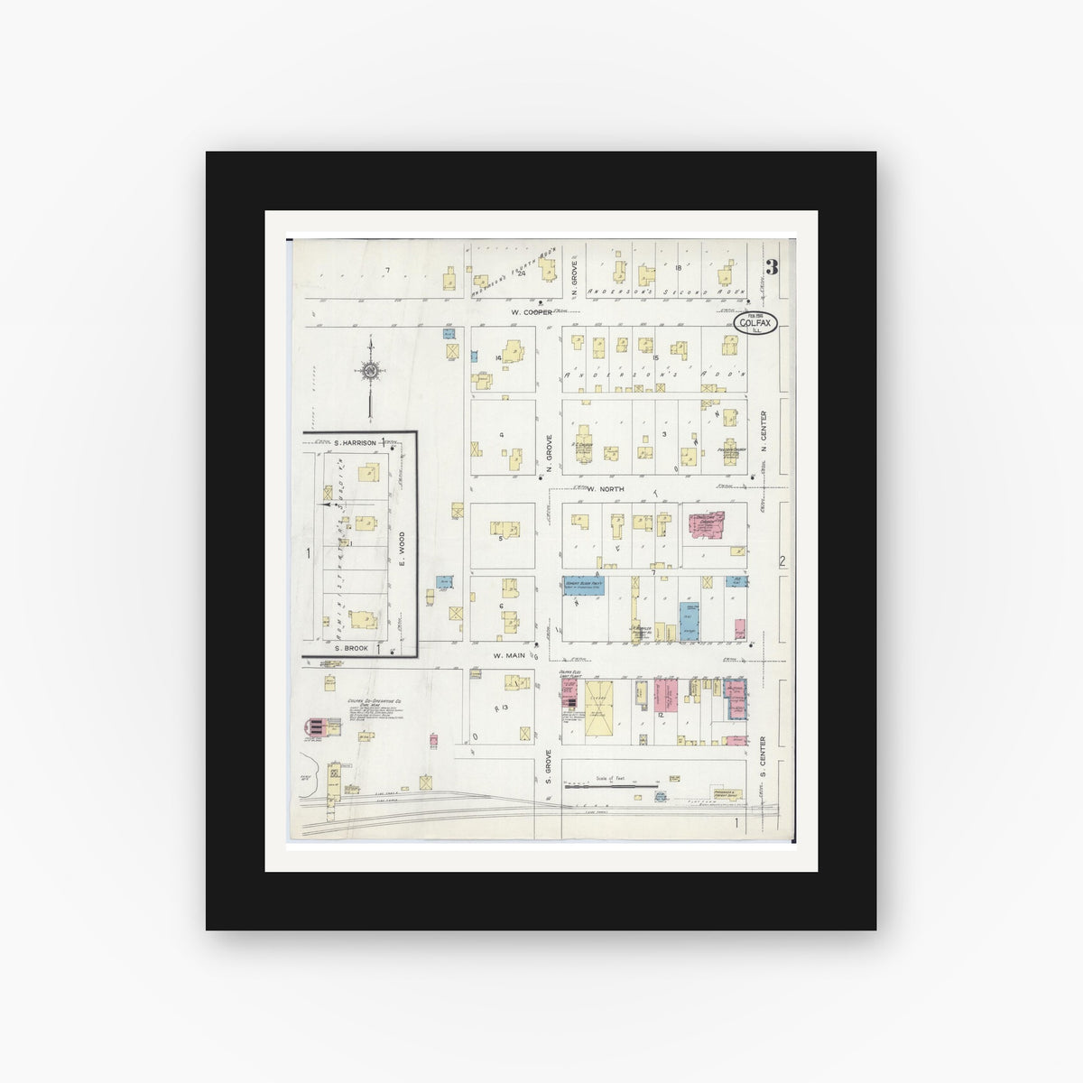Old map wall art mockup — black gallery frame with white mat — Sanborn Fire Insurance Map from Colfax, McLean County, Illinois (1914), Sheet #0003