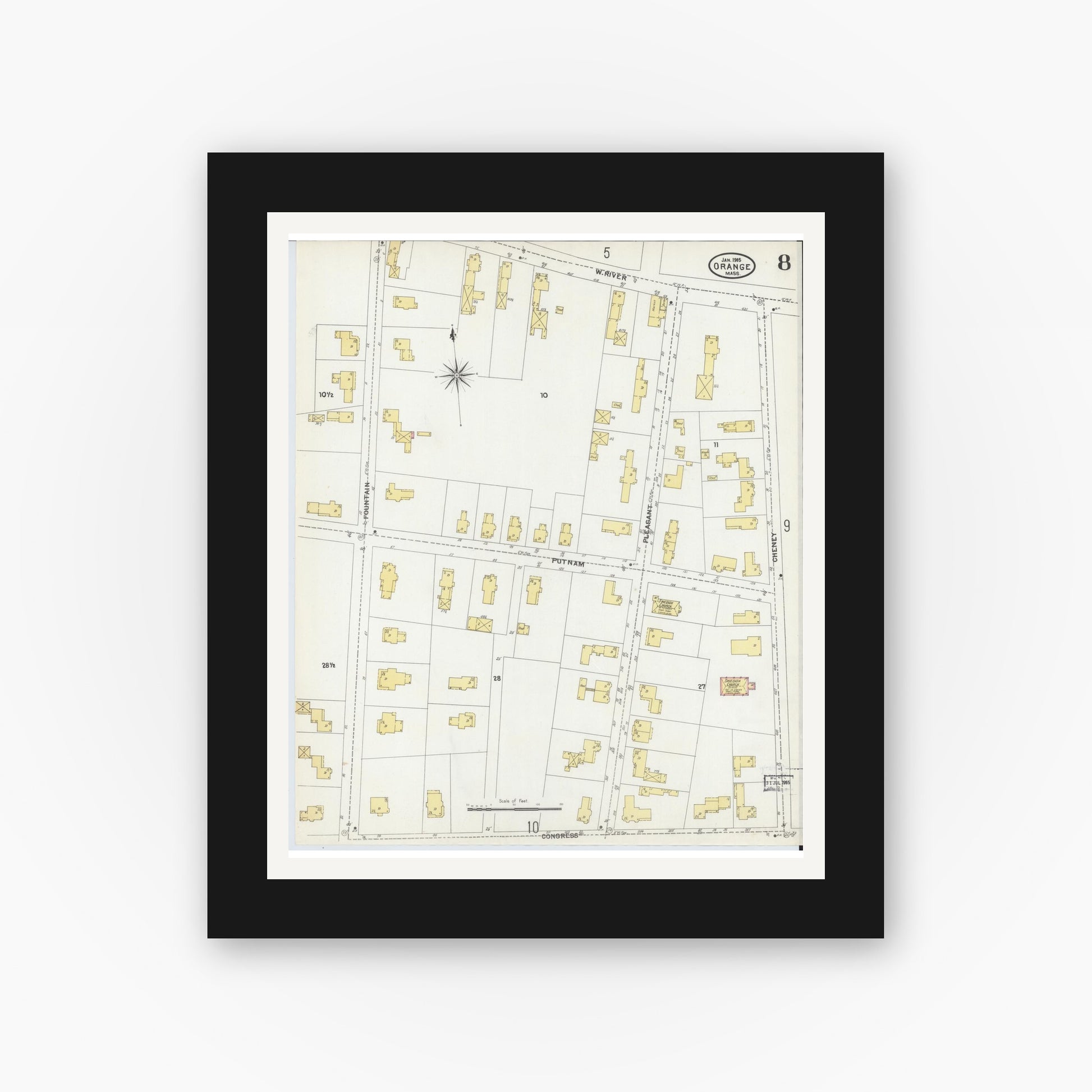 Old map wall art mockup — black gallery frame with white mat — Sanborn Fire Insurance Map from Orange, Franklin County, Massachusetts (1905), Sheet #0008