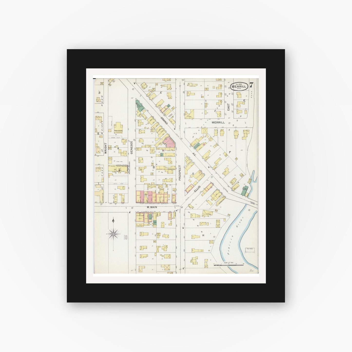 Old map wall art mockup — black gallery frame with white mat — Sanborn Fire Insurance Map from Merrill, Lincoln County, Wisconsin (1892), Sheet #0007