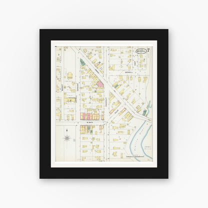 Old map wall art mockup — black gallery frame with white mat — Sanborn Fire Insurance Map from Merrill, Lincoln County, Wisconsin (1892), Sheet #0007