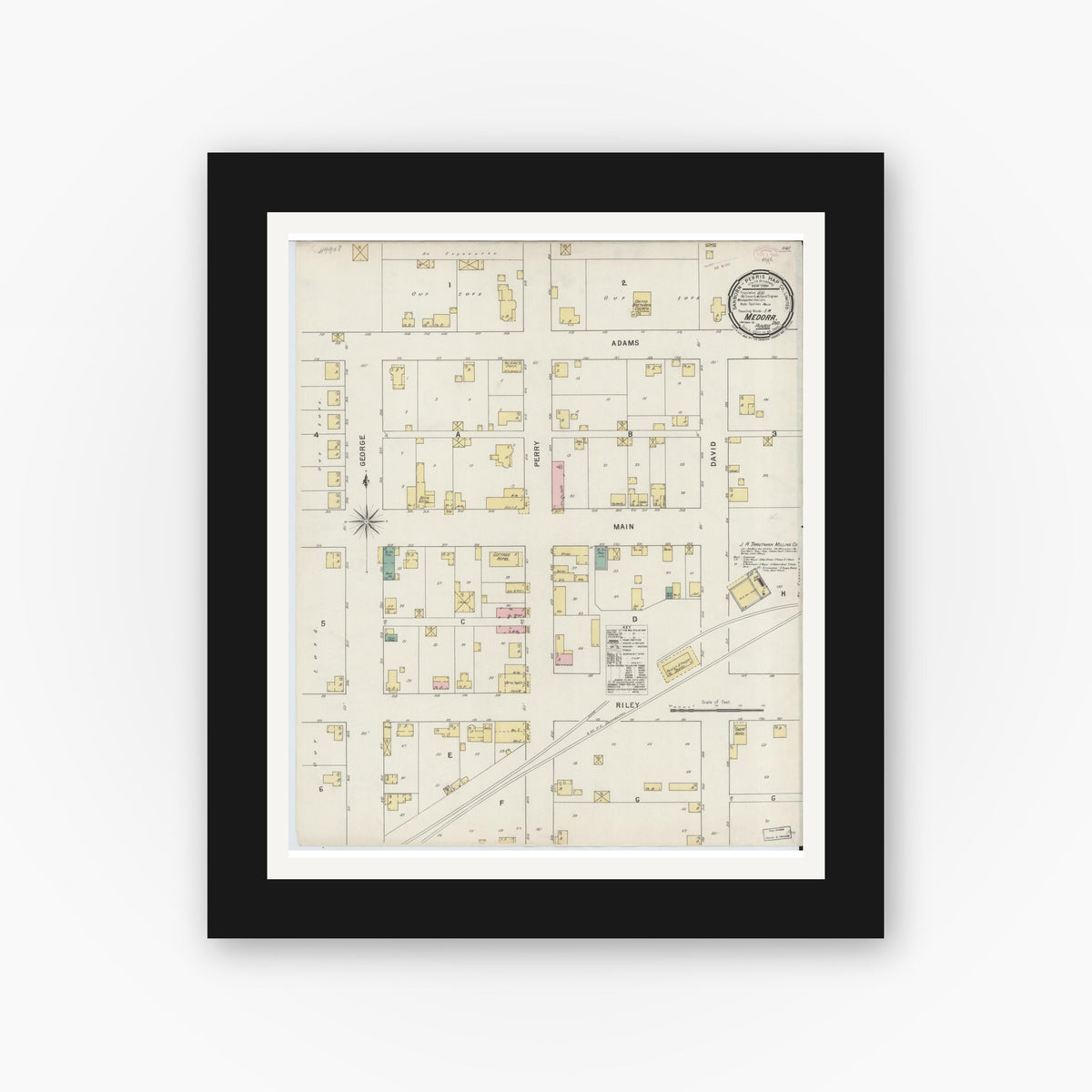 Old map wall art mockup — black gallery frame with white mat — Sanborn Fire Insurance Map from Medora, Jackson County, Indiana (1895), Sheet #0001