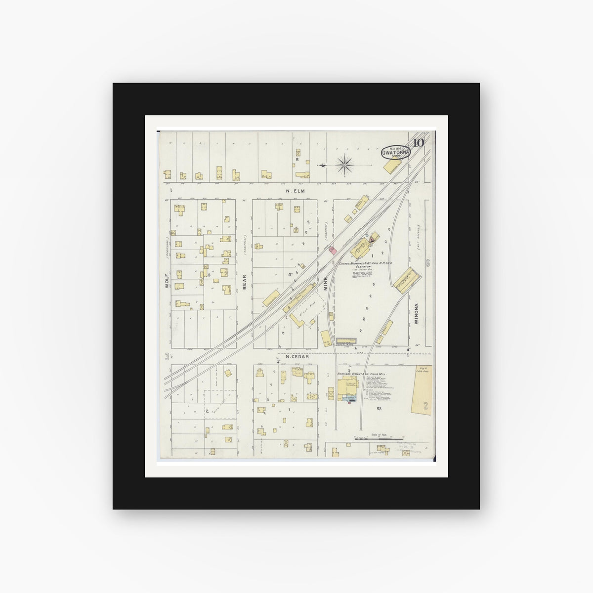 Old map wall art mockup — black gallery frame with white mat — Sanborn Fire Insurance Map from Owatonna, Steele County, Minnesota (1894), Sheet #0010