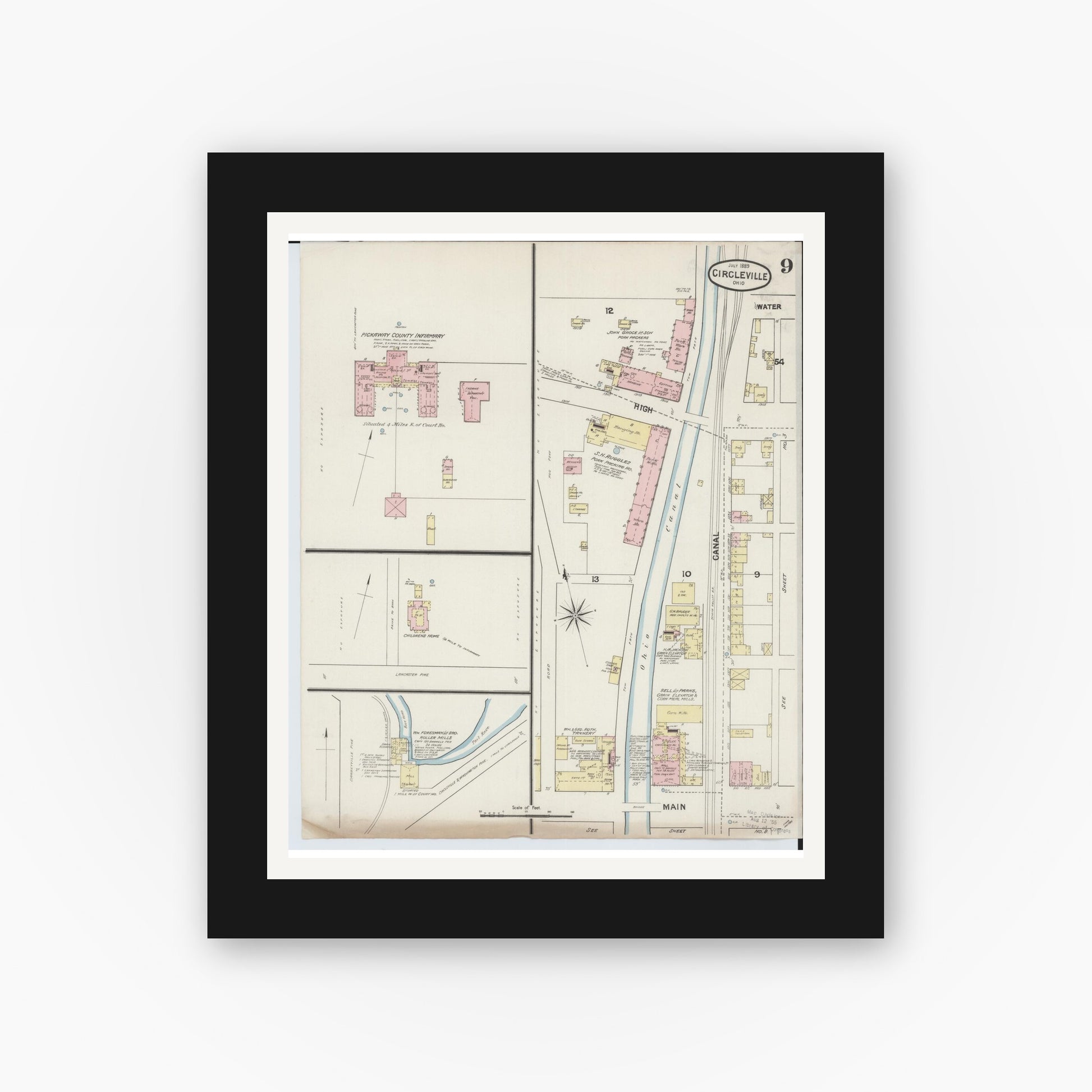 Old map wall art mockup — black gallery frame with white mat — Sanborn Fire Insurance Map from Circleville, Pickaway County, Ohio (1889), Sheet #0009