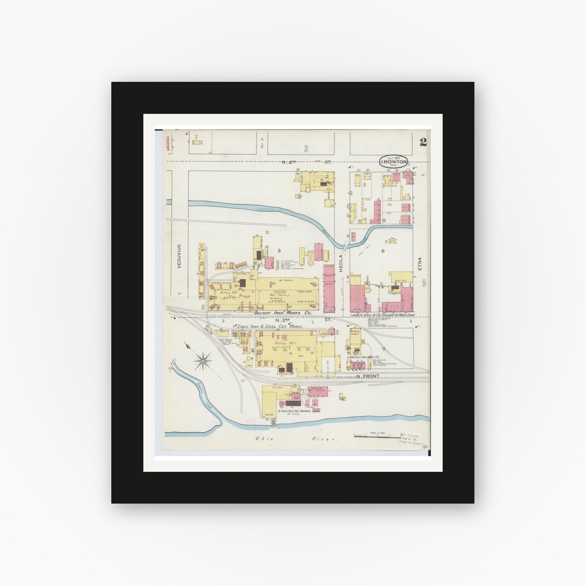 Old map wall art mockup — black gallery frame with white mat — Sanborn Fire Insurance Map from Ironton, Lawrence County, Ohio (1893), Sheet #0002