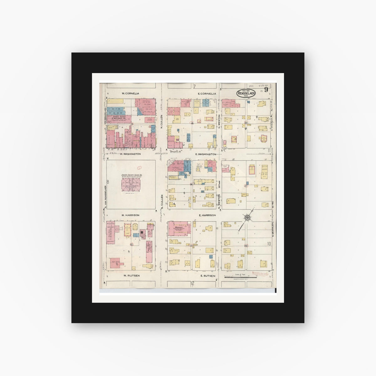 Old map wall art mockup — black gallery frame with white mat — Sanborn Fire Insurance Map from Rensselaer, Jasper County, Indiana (1942), Sheet #0009