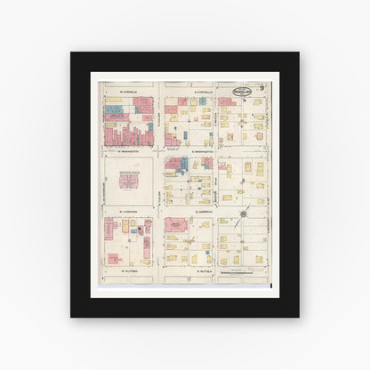 Old map wall art mockup — black gallery frame with white mat — Sanborn Fire Insurance Map from Rensselaer, Jasper County, Indiana (1942), Sheet #0009