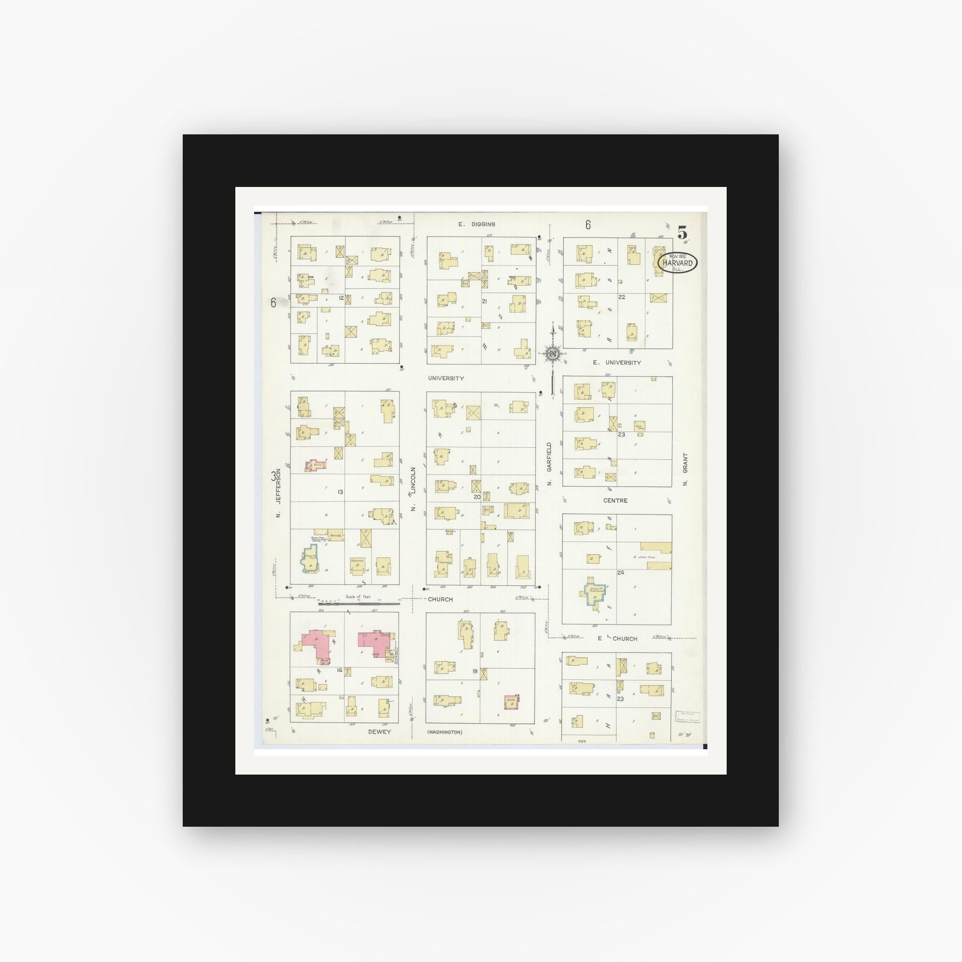 Old map wall art mockup — black gallery frame with white mat — Sanborn Fire Insurance Map from Harvard, McHenry County, Illinois (1912), Sheet #0005