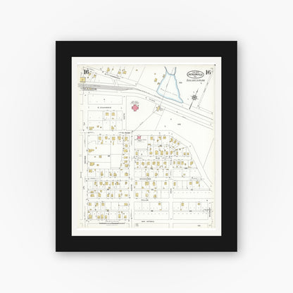 Old map wall art mockup — black gallery frame with white mat — Sanborn Fire Insurance Map from Jacksonville, Cherokee County, Texas (1923), Sheet #0016