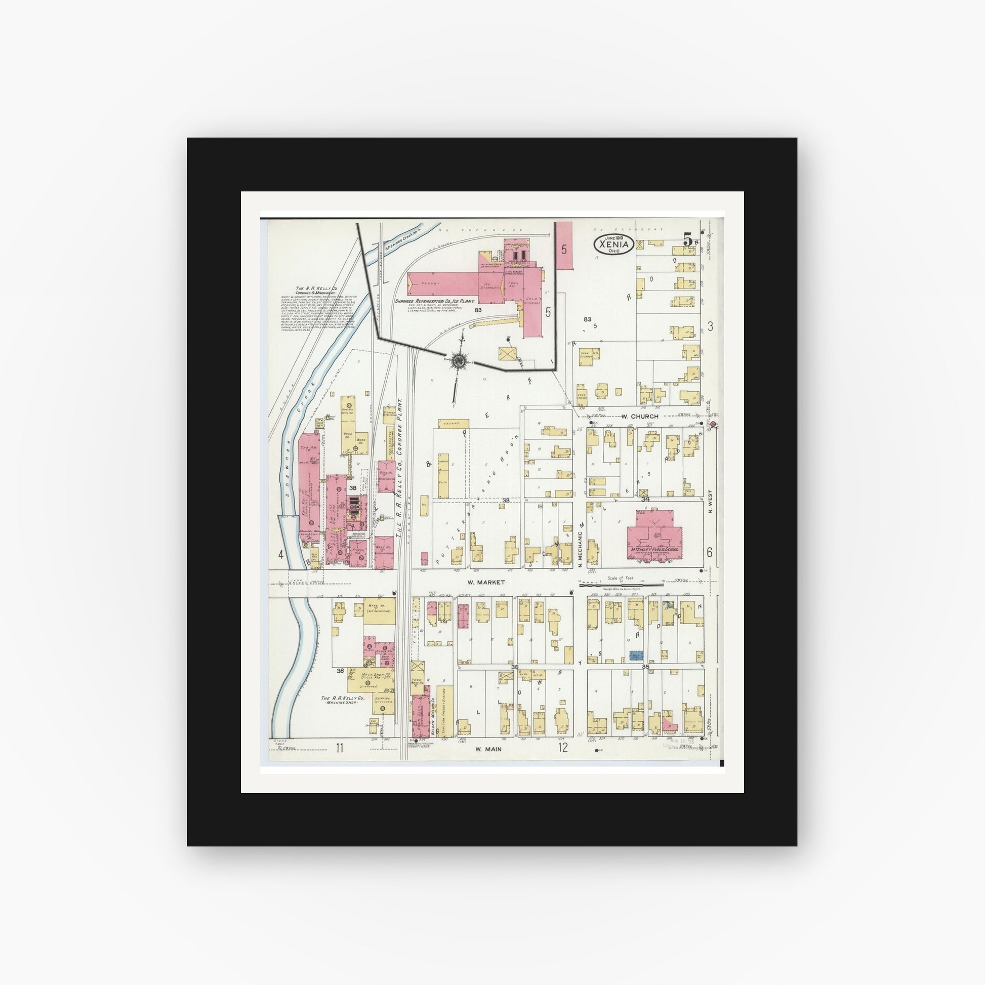Old map wall art mockup — black gallery frame with white mat — Sanborn Fire Insurance Map from Xenia, Greene County, Ohio (1919), Sheet #0005