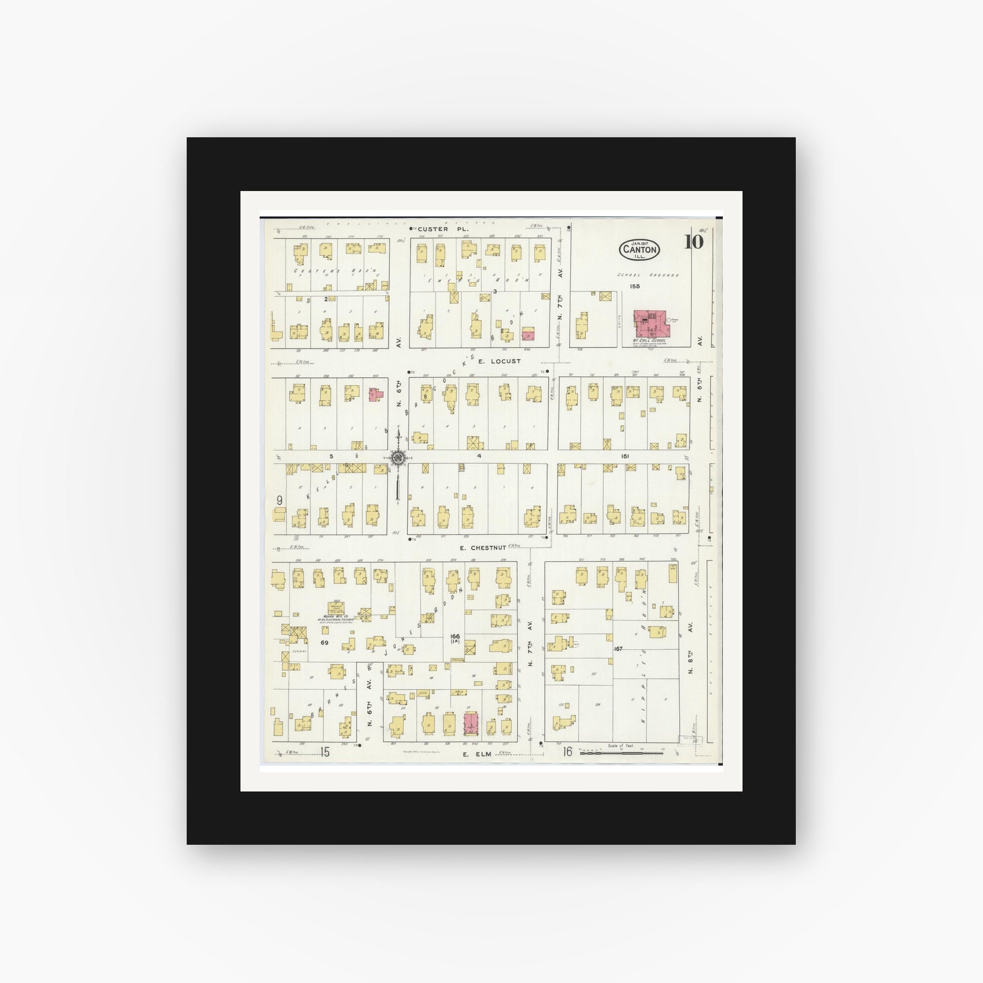 Old map wall art mockup — black gallery frame with white mat — Sanborn Fire Insurance Map from Canton, Fulton County, Illinois (1917), Sheet #0010