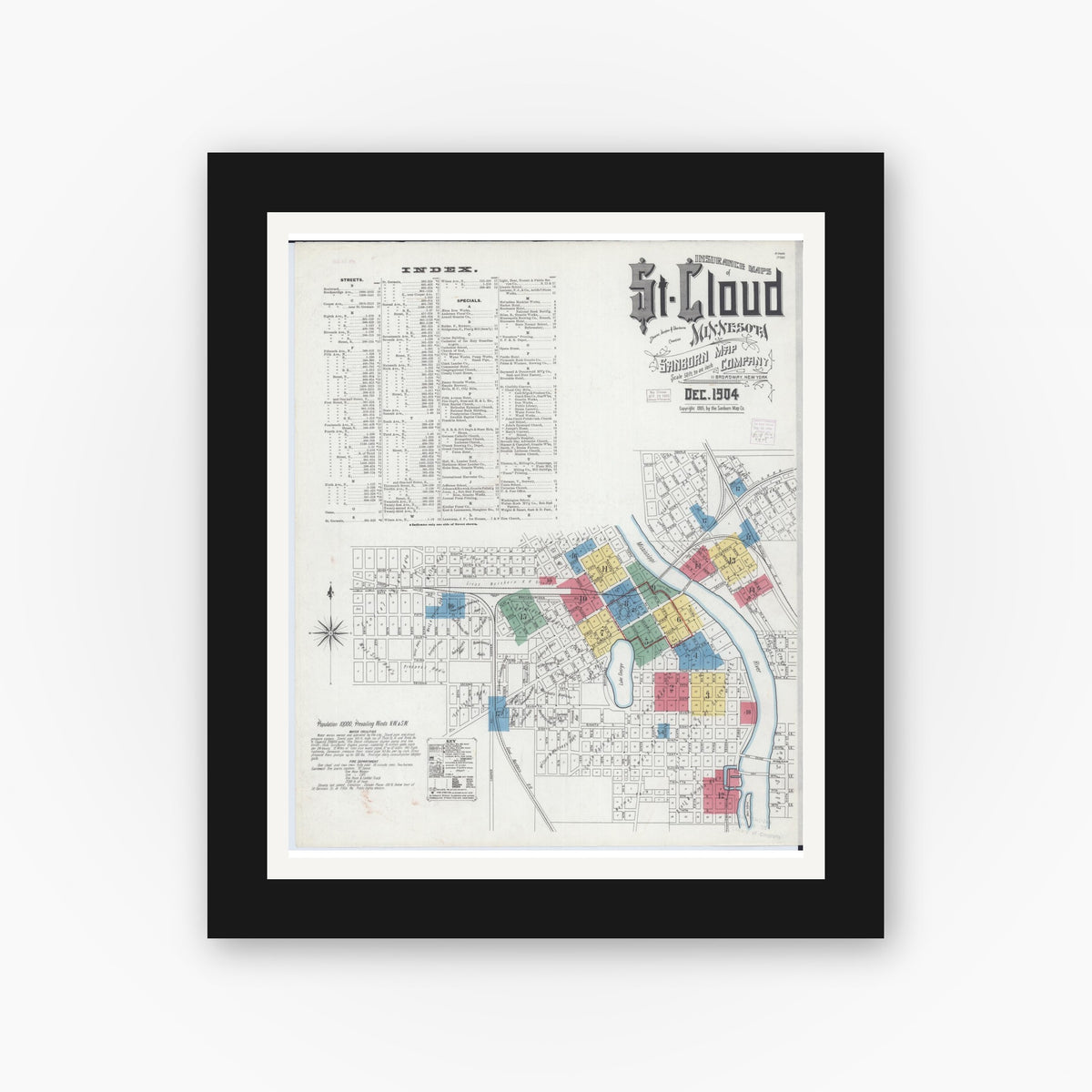 Old map wall art mockup — black gallery frame with white mat — Sanborn Fire Insurance Map from Saint Cloud, Stearns, Benton, and Sherburne Counties, Minnesota (1904), Sheet #0001