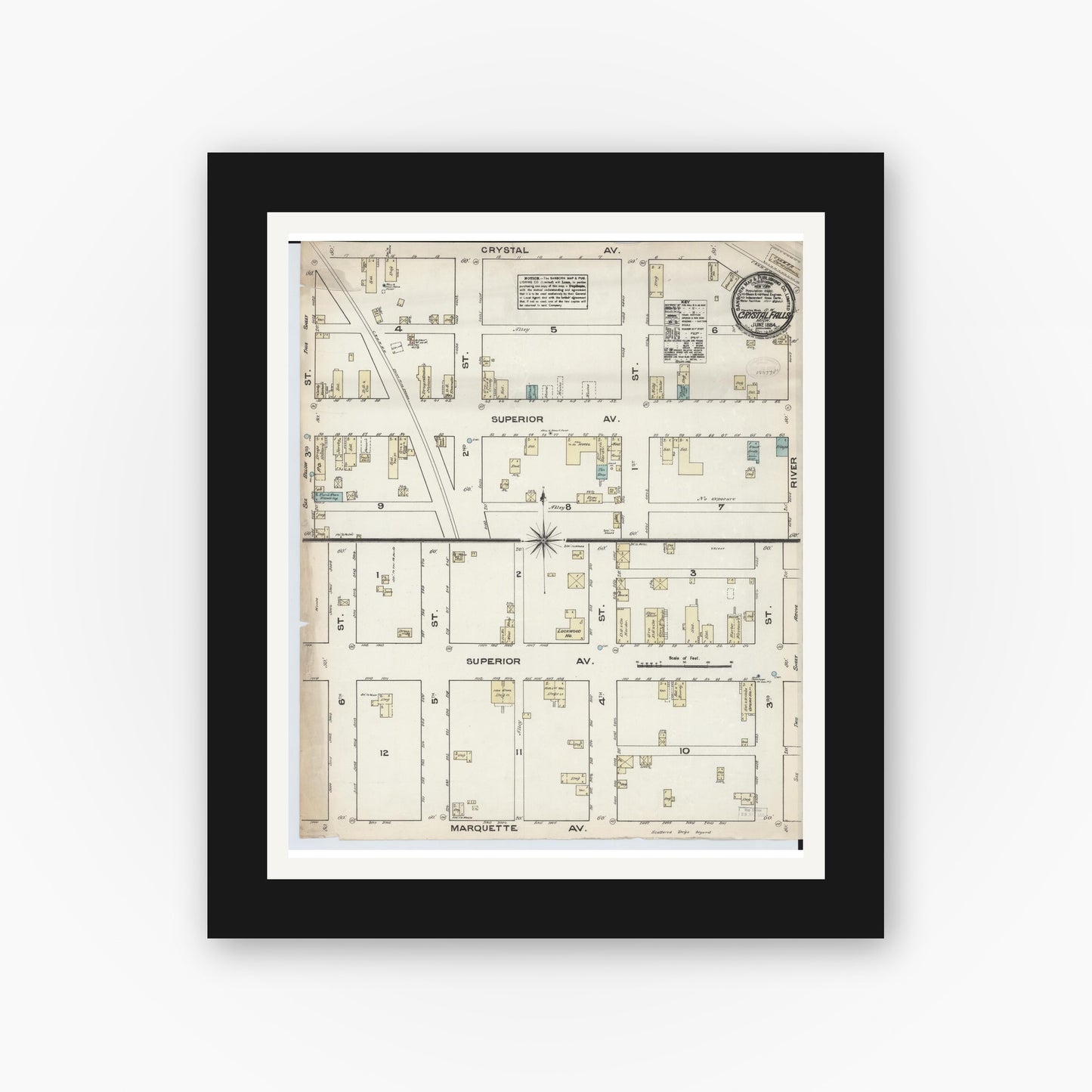 Old map wall art mockup — black gallery frame with white mat — Sanborn Fire Insurance Map from Crystal Falls, Iron County, Michigan (1884), Sheet #0001