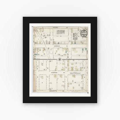 Old map wall art mockup — black gallery frame with white mat — Sanborn Fire Insurance Map from Crystal Falls, Iron County, Michigan (1884), Sheet #0001
