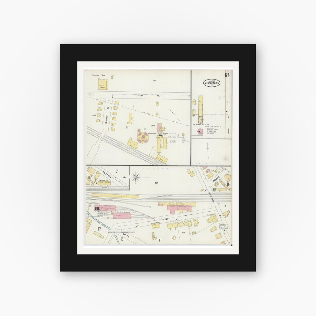 Old map wall art mockup — black gallery frame with white mat — Sanborn Fire Insurance Map from Middletown, Orange County, New York (1897), Sheet #0018