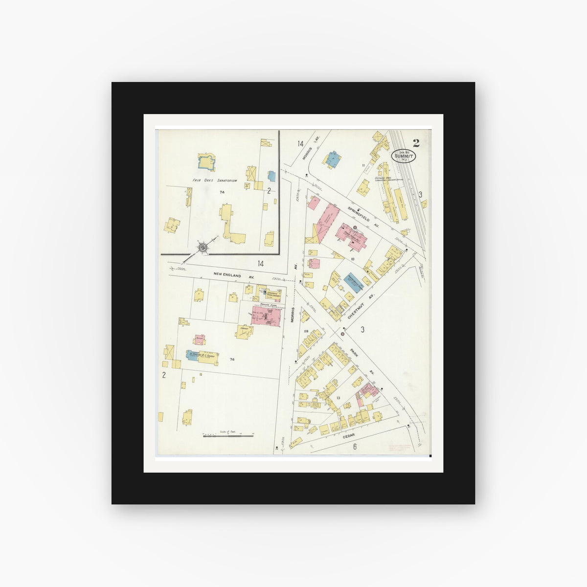 Old map wall art mockup — black gallery frame with white mat — Sanborn Fire Insurance Map from Summit, Union County, New Jersey (1911) - Complete Map Set