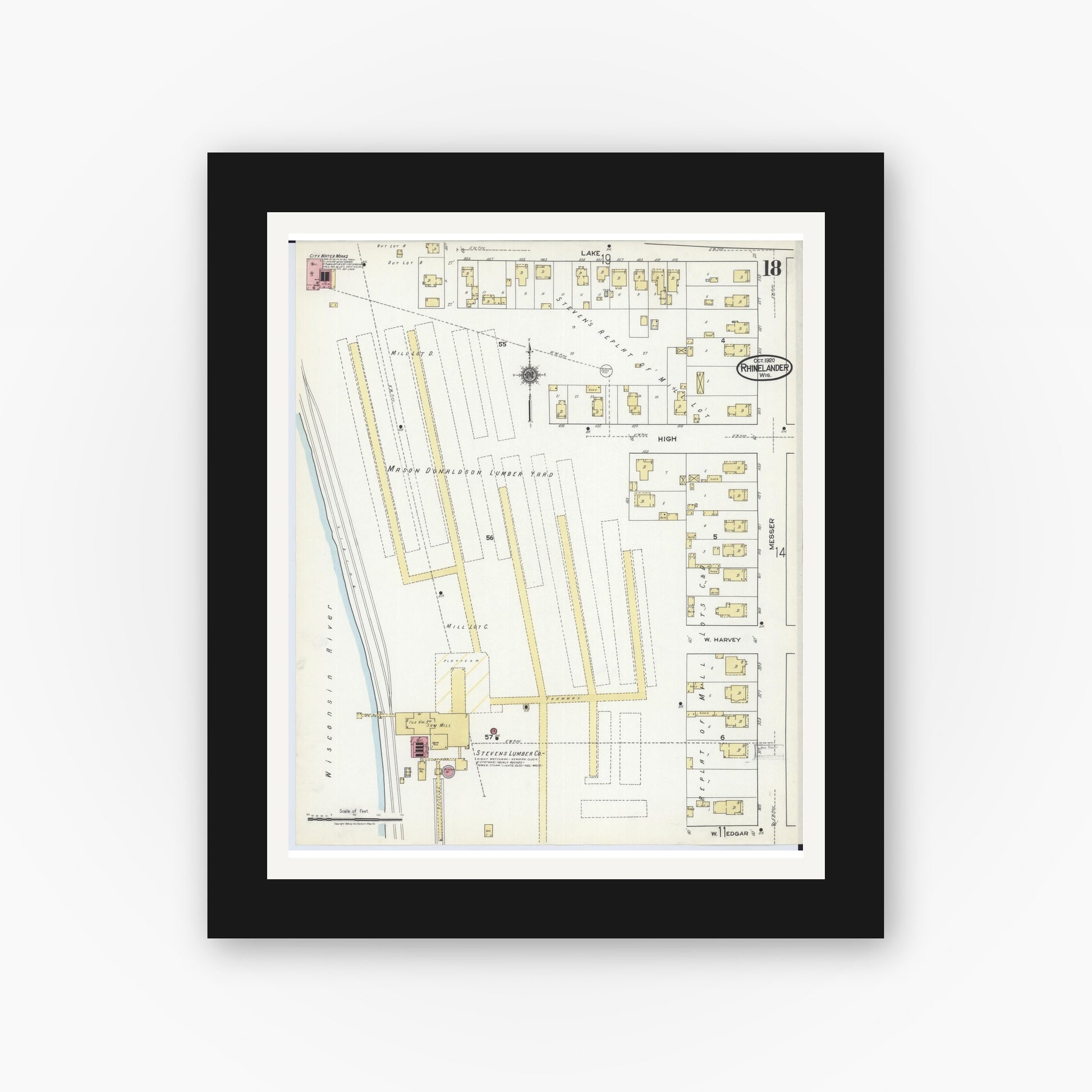 Old map wall art mockup — black gallery frame with white mat — Sanborn Fire Insurance Map from Rhinelander, Oneida County, Wisconsin (1920), Sheet #0018