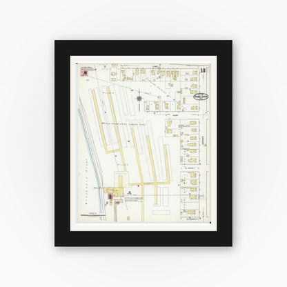 Old map wall art mockup — black gallery frame with white mat — Sanborn Fire Insurance Map from Rhinelander, Oneida County, Wisconsin (1920), Sheet #0018