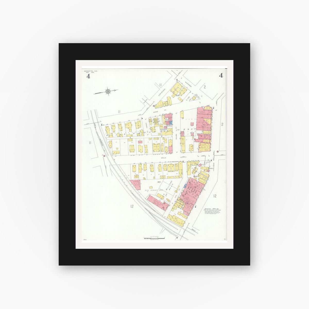 Old map wall art mockup — black gallery frame with white mat — Sanborn Fire Insurance Map from Marinette, Marinette County, Wisconsin (1935), Sheet #0004
