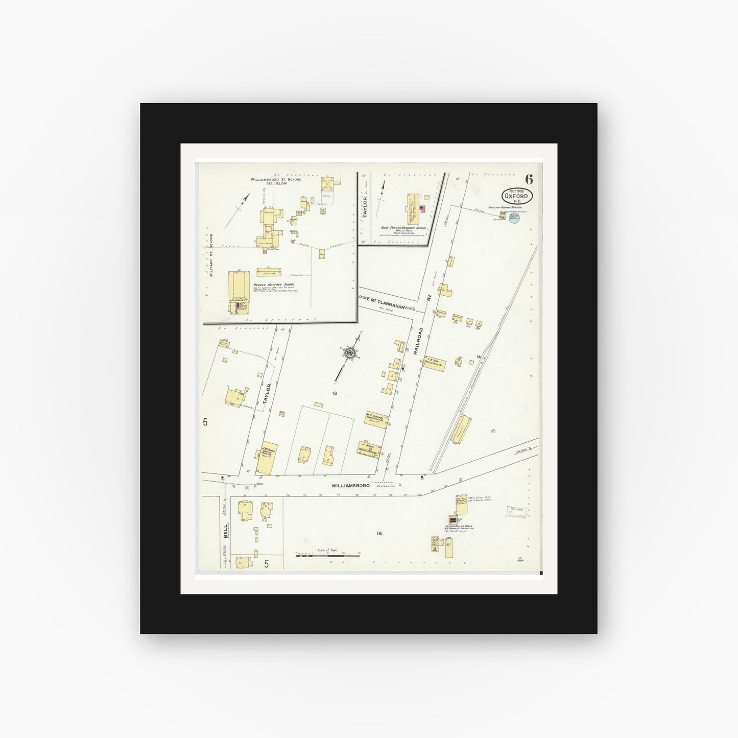 Old map wall art mockup — black gallery frame with white mat — Sanborn Fire Insurance Map from Oxford, Granville County, North Carolina (1909), Sheet #0006