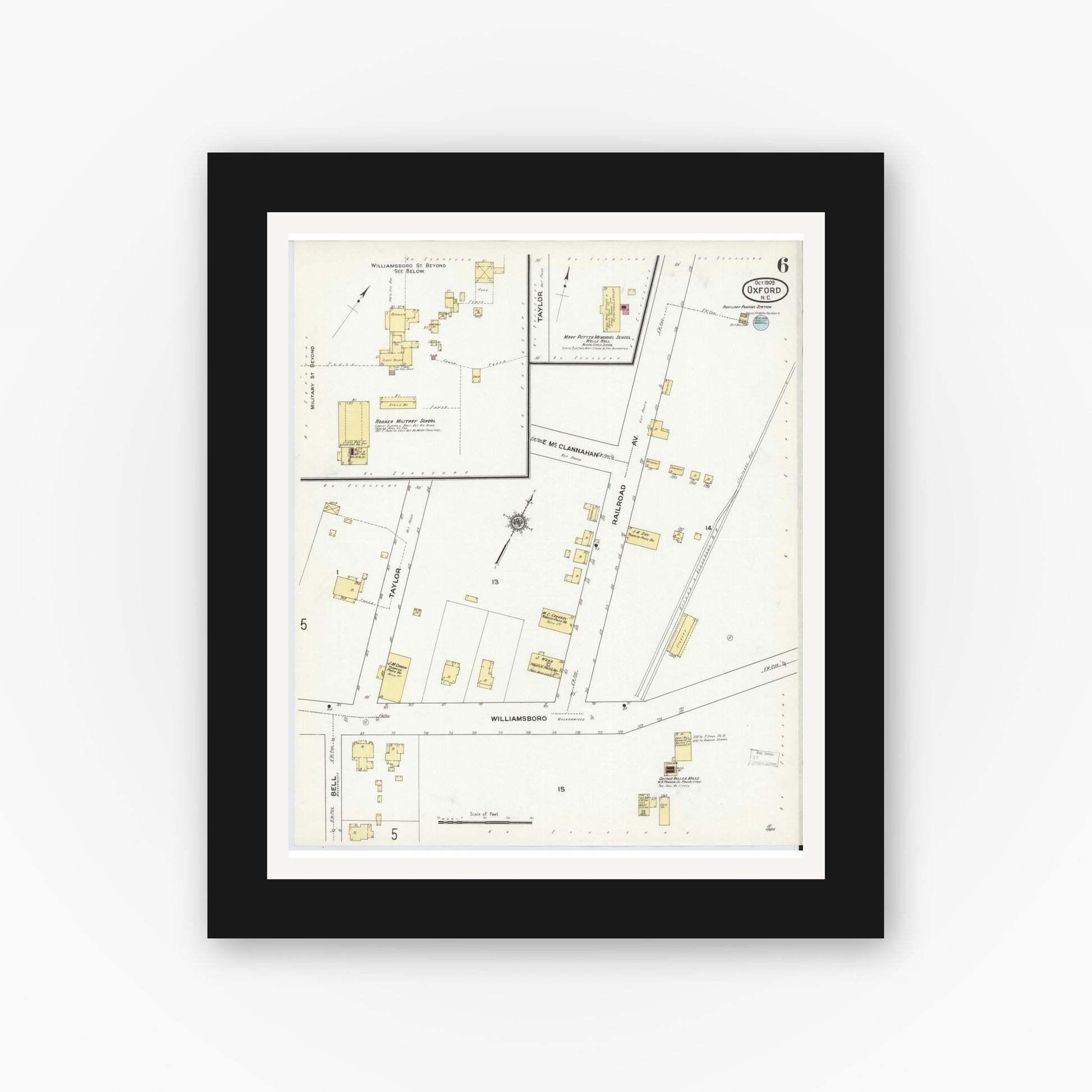 Old map wall art mockup — black gallery frame with white mat — Sanborn Fire Insurance Map from Oxford, Granville County, North Carolina (1909), Sheet #0006