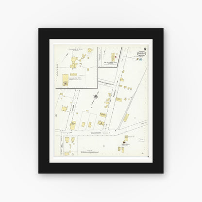 Old map wall art mockup — black gallery frame with white mat — Sanborn Fire Insurance Map from Oxford, Granville County, North Carolina (1909), Sheet #0006