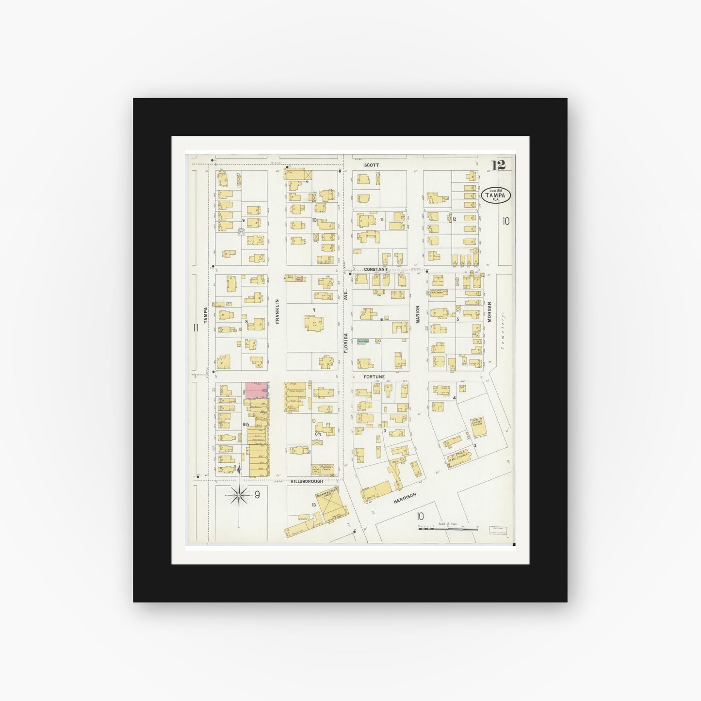 Old map wall art mockup — black gallery frame with white mat — Sanborn Fire Insurance Map from Tampa, Hillsborough County, Florida (1899), Sheet #0012