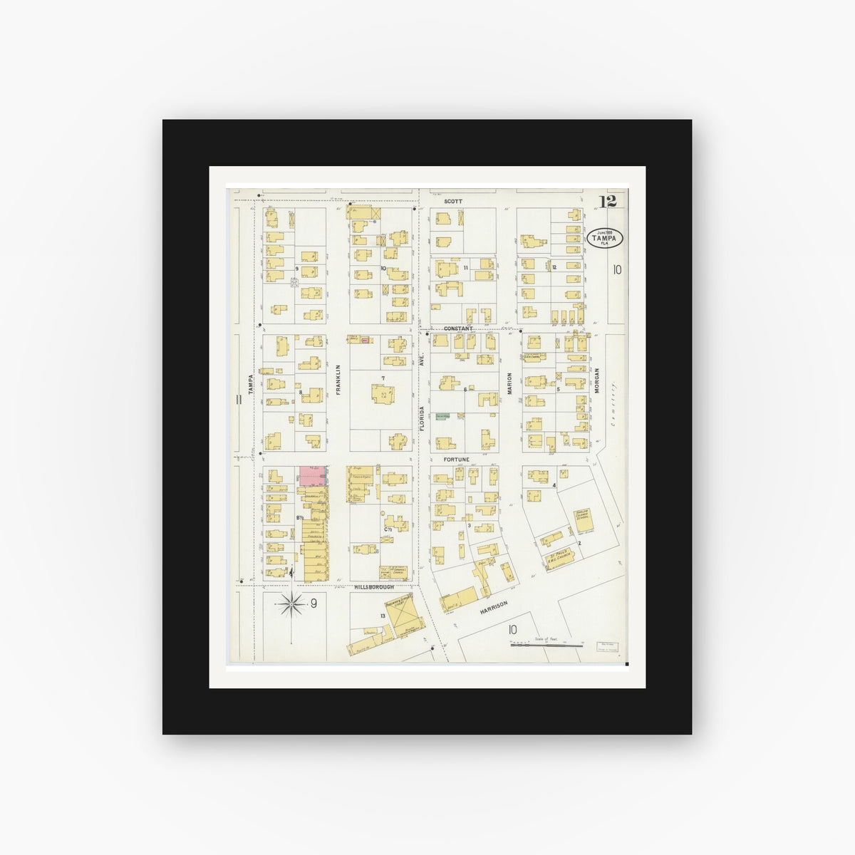 Old map wall art mockup — black gallery frame with white mat — Sanborn Fire Insurance Map from Tampa, Hillsborough County, Florida (1899), Sheet #0012