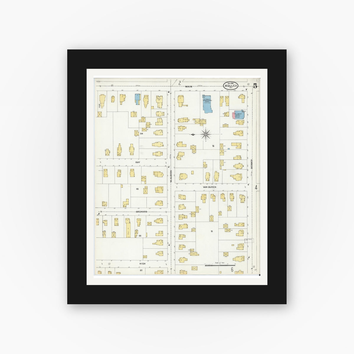 Old map wall art mockup — black gallery frame with white mat — Sanborn Fire Insurance Map from Holley, Orleans County, New York (1904), Sheet #0005