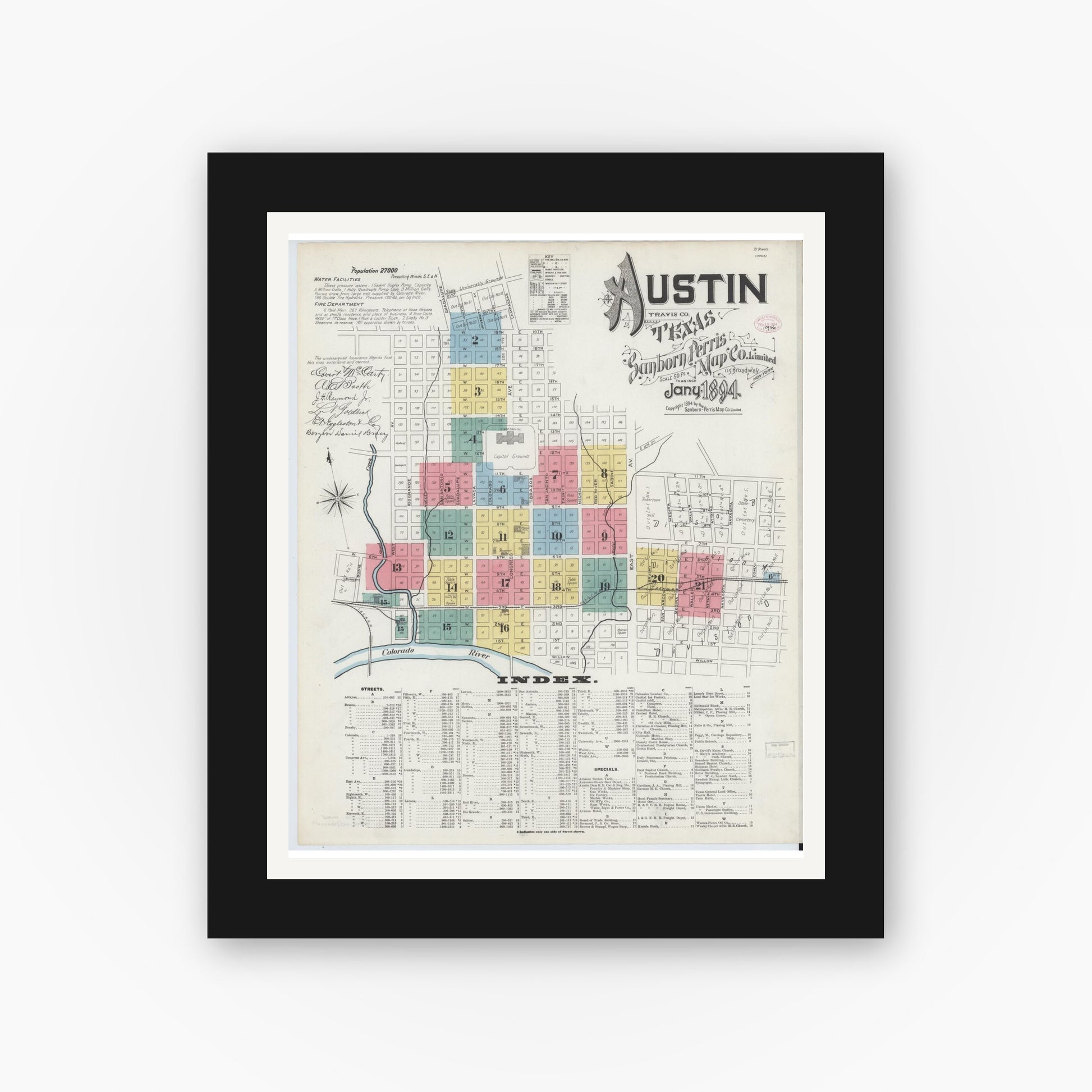 Old map wall art mockup — black gallery frame with white mat — Sanborn Fire Insurance Map from Austin, Travis County, Texas (1894), Sheet #0001