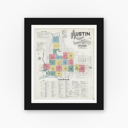 Old map wall art mockup — black gallery frame with white mat — Sanborn Fire Insurance Map from Austin, Travis County, Texas (1894), Sheet #0001