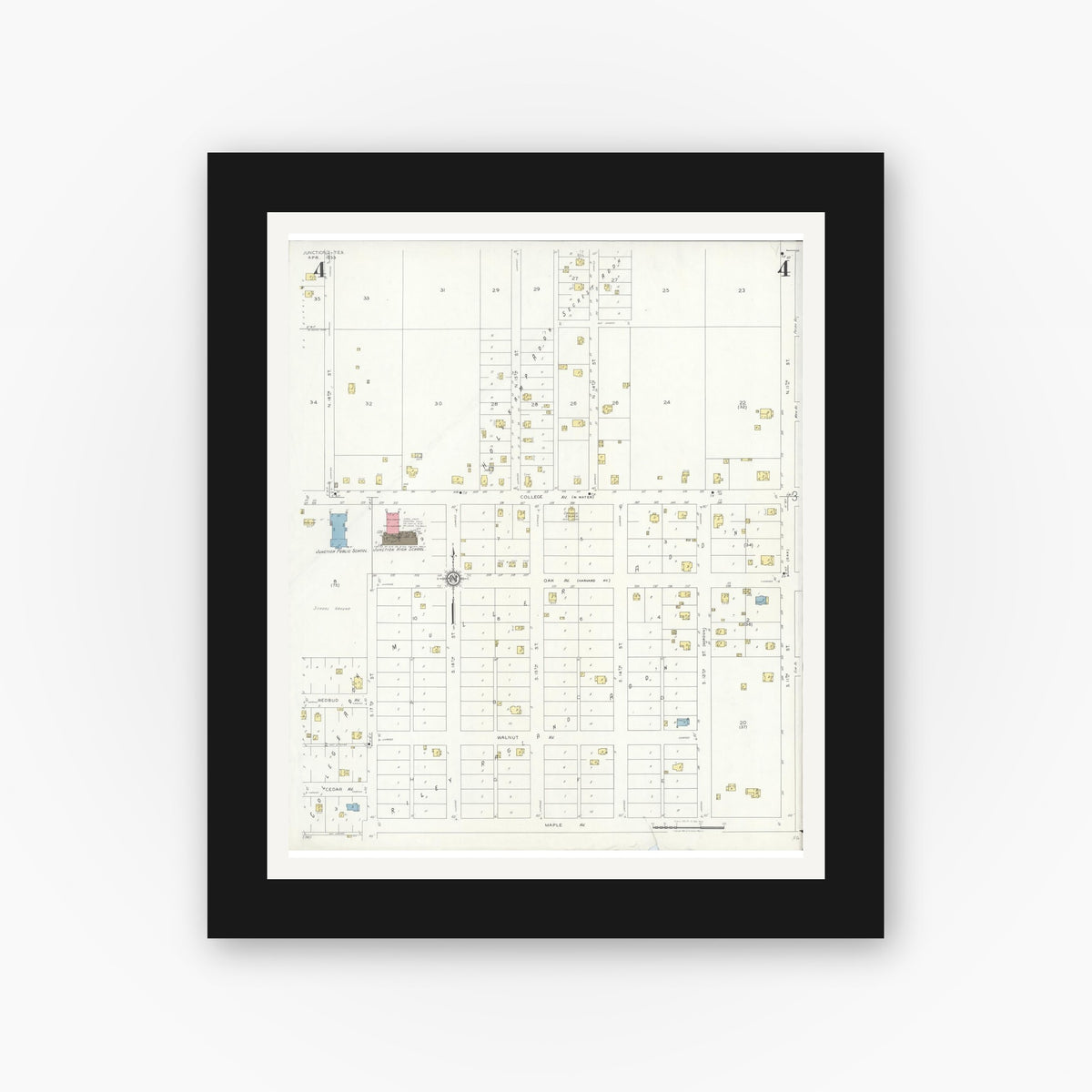 Old map wall art mockup — black gallery frame with white mat — Sanborn Fire Insurance Map from Junction, Kimble County, Texas (1933), Sheet #0004
