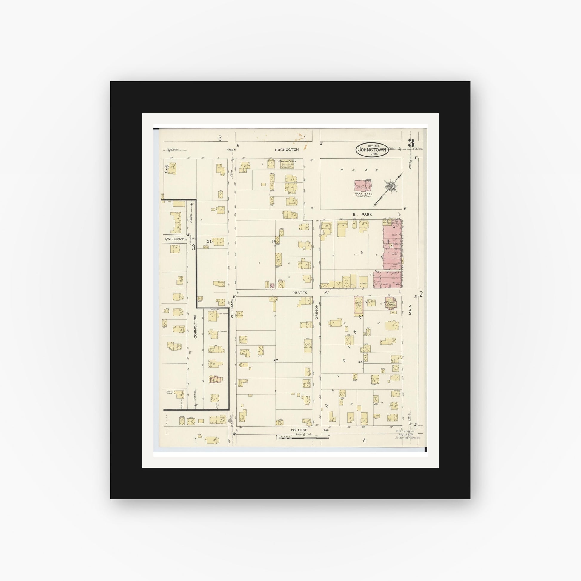 Old map wall art mockup — black gallery frame with white mat — Sanborn Fire Insurance Map from Johnstown, Licking County, Ohio (1913), Sheet #0003