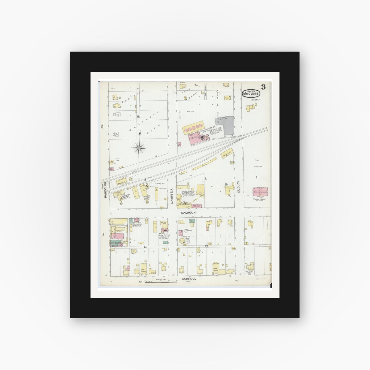 Old map wall art mockup — black gallery frame with white mat — Sanborn Fire Insurance Map from Macomb, Mcdonough County, Illinois (1892), Sheet #0003