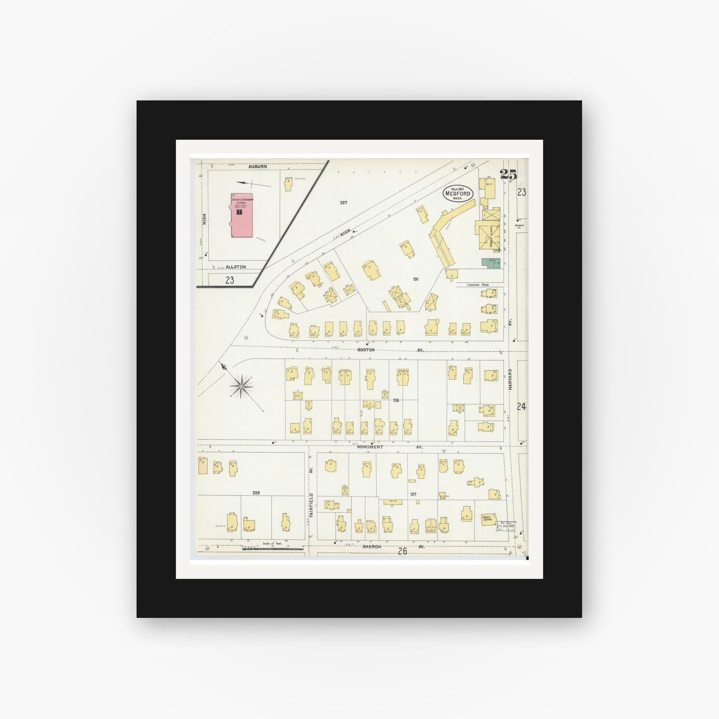 Old map wall art mockup — black gallery frame with white mat — Sanborn Fire Insurance Map from Medford, Middlesex County, Massachusetts (1903), Sheet #0025
