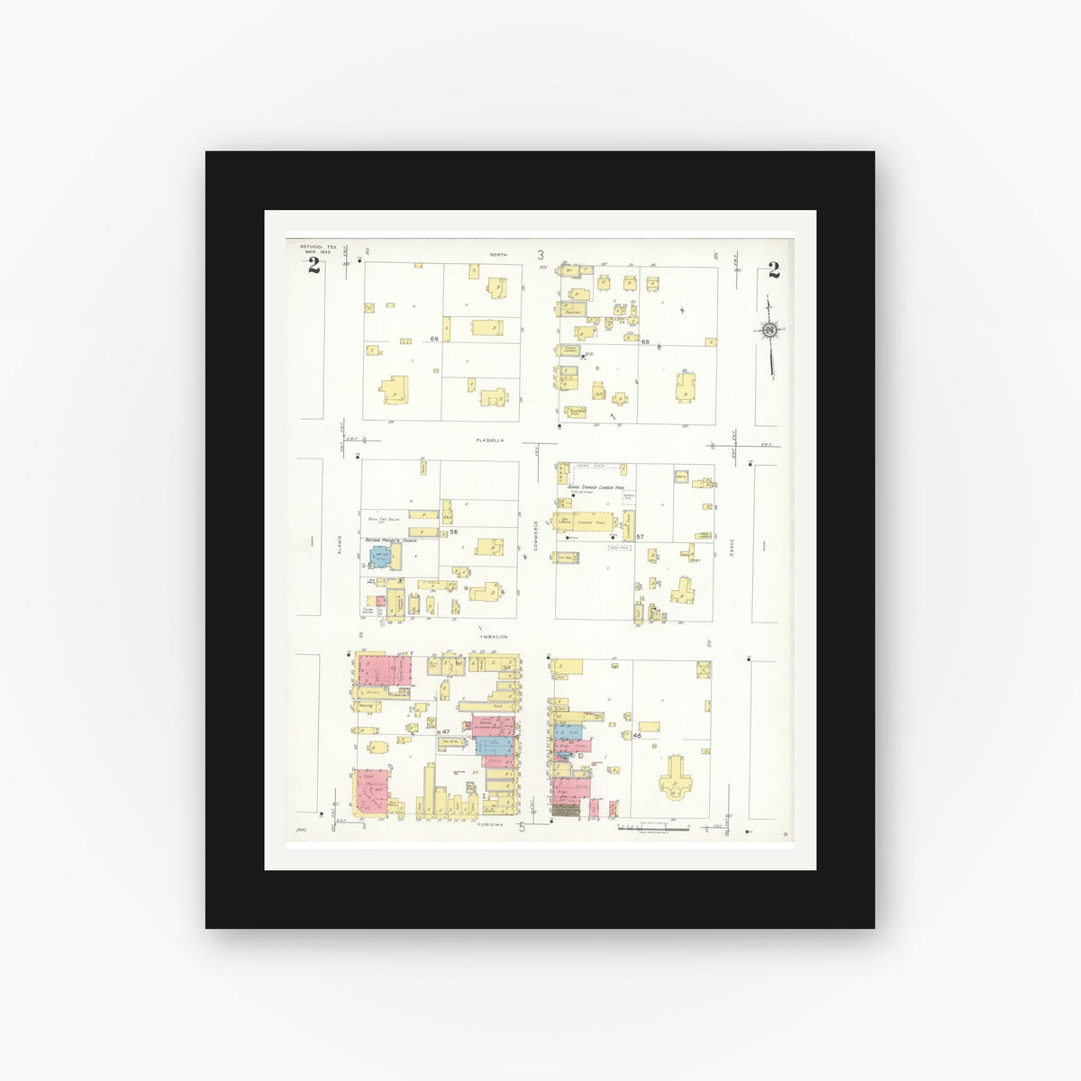 Old map wall art mockup — black gallery frame with white mat — Sanborn Fire Insurance Map from Refugio, Refugio County, Texas (1935), Sheet #0002
